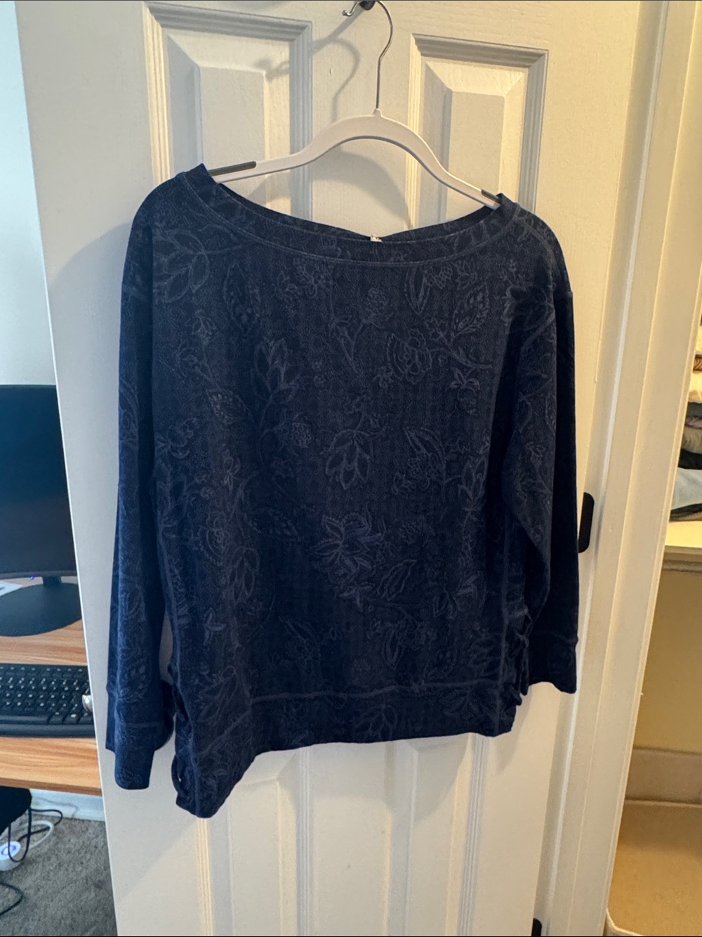 Prana Dark Navy Floral-Textured Scoop Neck Pullover